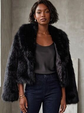 Vintage Black Faux Fur Cropped Y2K Jacket Size M